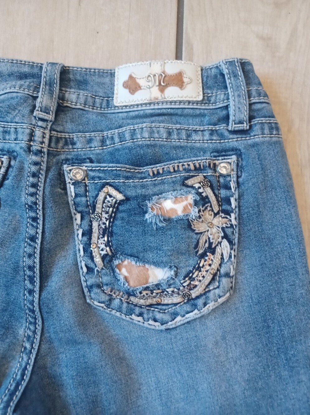 🐴🤎🩷🌹EUC MISS ME COWHIDE HORSESHOE WOMENS HAILEY SKINNY COWGIRL JEANS 30x29